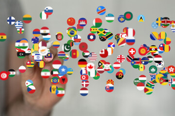 International collaboration, global business, worldwide network concept. Diverse flags.