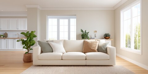 White couch with pillows and a plant in a basket.