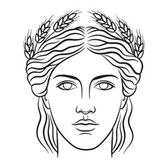 Mythical Demeter Line Art – Wheat Sheaf Vector Illustration Classical Fertile Goddess Drawing – Demeter Drawing – Line Art Drawing of Demeter – Demeter Icon – Greek Goddess Vector
