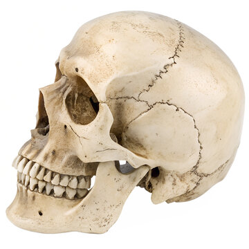 Detailed side view of a human skull, showcasing the intricate bone structure, teeth, and sutures, isolated on a transparent background
