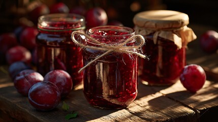 A sunlit jars of homemade jam on a wooden table, scattered plums and shadows, golden natural light