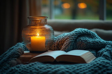 Soft candlelight illuminates an open book resting beside a flickering candle. A cozy blanket adds warmth, creating a peaceful atmosphere perfect for evening reading indoors