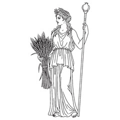 Mythical Demeter Line Art &ndash; Grain Field Vector Outline Drawing with Abundant Harvest Form &ndash; Demeter Drawing &ndash; Vector of Demeter &ndash; Demeter Outline &ndash; Greek Goddess Lineart