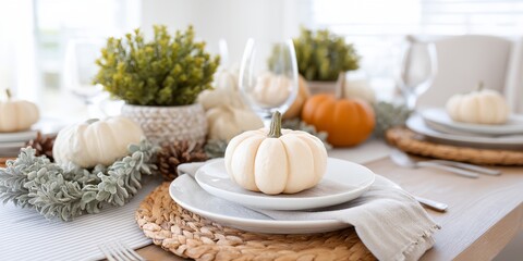 Table with a white tablecloth and a pumpkin on it.