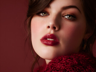 A woman with striking makeup and red lips looks forward