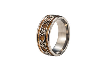 Ornate metal ring featuring intricate floral engravings and rich wood grain inlay detailing, isolated on a transparent background