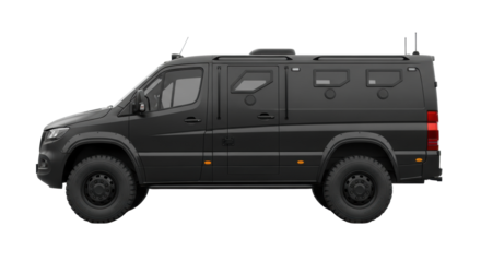 A formidable matte black armored transport van, side profile, isolated on a pristine transparent studio background with copy space. Unyielding strength and tactical security concept