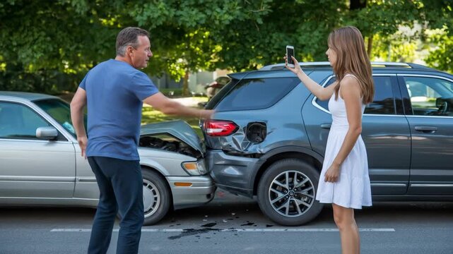 Man and woman at scene of car accident documenting with phone