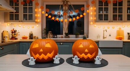 Obraz premium Halloween Kitchen Decor – Jack-o'-Lanterns, Ghosts, and Festive Ambiance