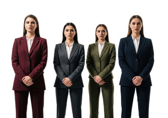 Four professional women in structured suits, serious, hands clasped, on transparent studio background with copy space. Concept of corporate strength