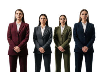 Four professional women in structured suits, serious, hands clasped, on transparent studio background with copy space. Concept of corporate strength