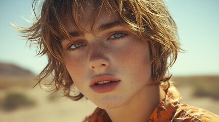 Mid length shaggy cut with wild unruly layers the hair styled to look windblown and carefree set against a desert landscape with rugged terrain and a clear sky to emphasize the free spirited style