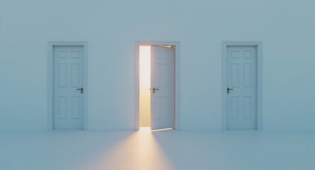 A single open door among three choices, with bright light symbolizing hope, opportunity, and a new future