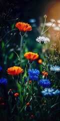 Vibrant Orange and Blue Flowers Blooming in a Lush Garden Setting