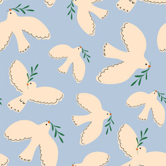 Seamless pattern with doves on a light blue background. Peace. Freedom. Unity. Doves of peace. Birds and animals. Flora. Pattern with doves for printed gift wrapping, fabric, banners, and decor