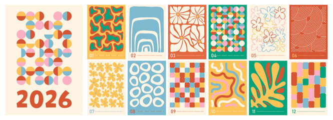 Calendar. Calendar 2026. Year 2026. Calendar template series. Monthly template. Retro style. Geometric shapes. Doodle illustrations. Vector calendar