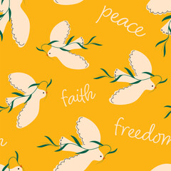 Seamless pattern with doves and words. Peace. Freedom. Unity. Doves of peace. Birds and animals. Flora. Pattern with doves for printed gift wrapping, fabric, banners, decor
