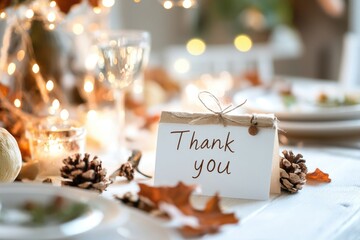 Elegant holiday table setting with thank you card and seasonal decor