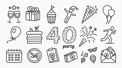 Forty Years Old Party Icons Celebration Anniversary Birthday Festive Symbols Vector Illustration.