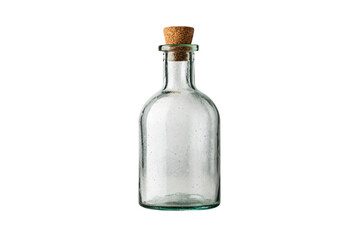 Clear glass bottle with cork stopper, vintage apothecary style medicine container, isolated on a transparent background