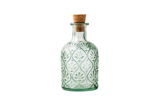 Light green glass bottle with cork stopper, embossed leaf pattern design, decorative vintage apothecary bottle style, isolated on a transparent background