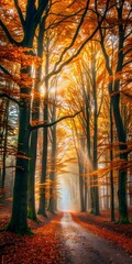 Sunlight Filters Through Autumn Forest Trees Onto A Leaf Covered Path