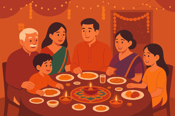  Indian family enjoying festive dinner together during Diwali night.