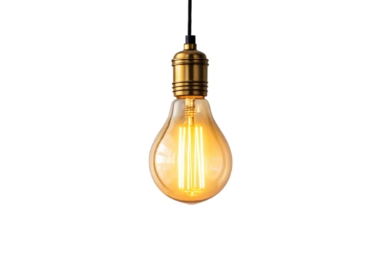 Vintage Edison bulb with brass socket and black cord hanging pendant light fixture, isolated on a transparent background