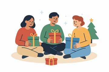  Group of friends exchanging gifts and celebrating together indoors.