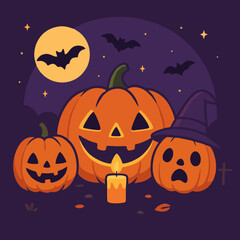 Carved Halloween pumpkins glowing at night with bats and moon in background.