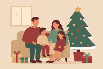  Family sitting together in the living room with Christmas tree decoration.