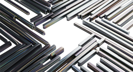 Sleek, polished metallic streaks with charcoal to silver gradient and iridescent gleam, arranged in orthogonal patterns on a transparent background with copy space, studio lit. Technological