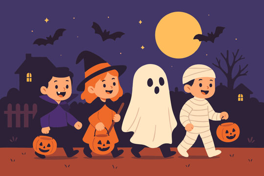 Cute children in Halloween costumes trick or treating at night with bats and moon. - Powered by Adobe