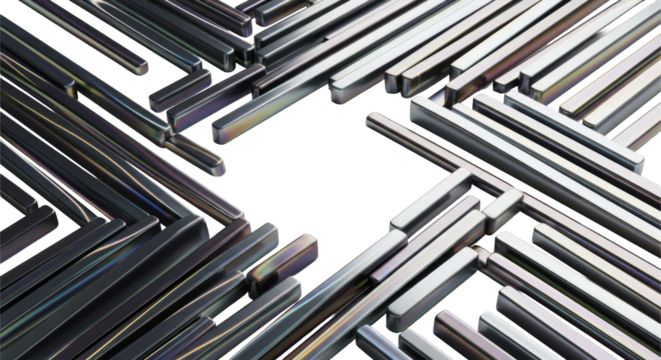 Sleek, polished metallic streaks with charcoal to silver gradient and iridescent gleam, arranged in orthogonal patterns on a transparent background with copy space, studio lit. Technological