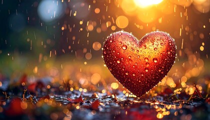 Heart in rain, warm sunset glow