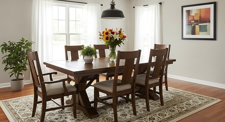 Fototapeta premium Dining room with wooden table, chairs, and floral centerpiece