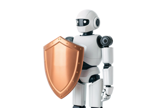 Modern white robot with rounded head holding metallic copper shield protectively, sleek humanoid artificial intelligence design, isolated on a transparent background