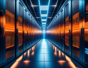 futuristic server room data center with orange and blue lights technology and data storage concept