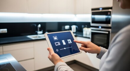 Smart kitchen technology with person using tablet to control appliances like oven, microwave, refrigerator and coffee machine in modern home
