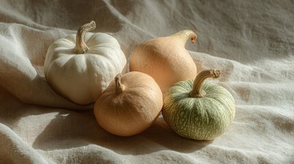 A pastel-toned flat lay featuring white and peach gourds on a linen cloth, with gentle morning light