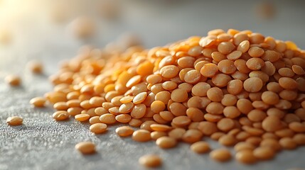 Close up image of a pile of red lentils on a textured gray surface