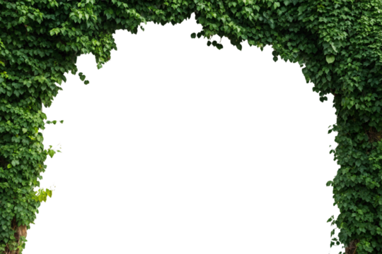 Dense green ivy foliage forming irregular natural frame border around central white space, organic plant decoration, isolated on a transparent background
