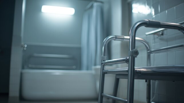 Elderly walker assistance handrail concept. Clean and accessible bathroom setting with a safety chair and shower curtain.