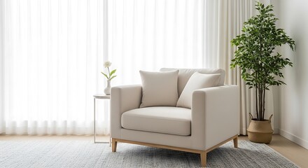 Cozy beige armchair with a small vase and plant in a bright, airy room with sheer curtains
