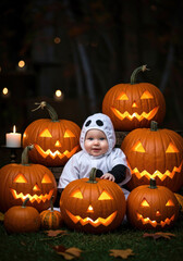 Cute baby in Halloween theme ghost costume sitting with Jack O Lantern pumpkin heads.