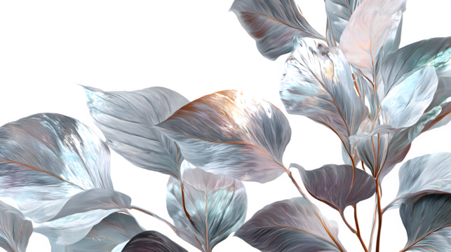 Abstract closeup of a silver leaf glowing brightly among muted metallic foliage