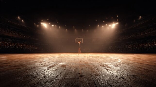 Empty stage with dramatic lighting and wooden floor in a dark theater setting