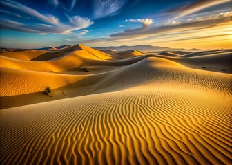 Naklejka premium Golden sand dunes landscape under a blue sky at sunset in the desert