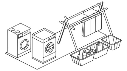 Fototapeta premium Household Laundry Room with Washing Machines and Drying Rack Drawing.