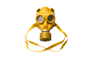 Golden gas mask with head straps featuring round eyepieces and cylindrical breathing apparatus safety gear, isolated on a transparent background